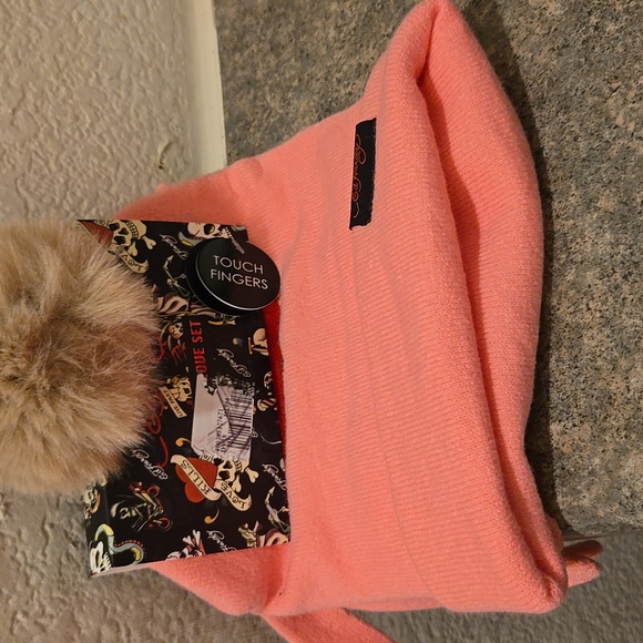 Ed Hardy Accessories - Ed Hardy Beanie with Beige Pom Pom Pink Beanie And Gloves Nwt
